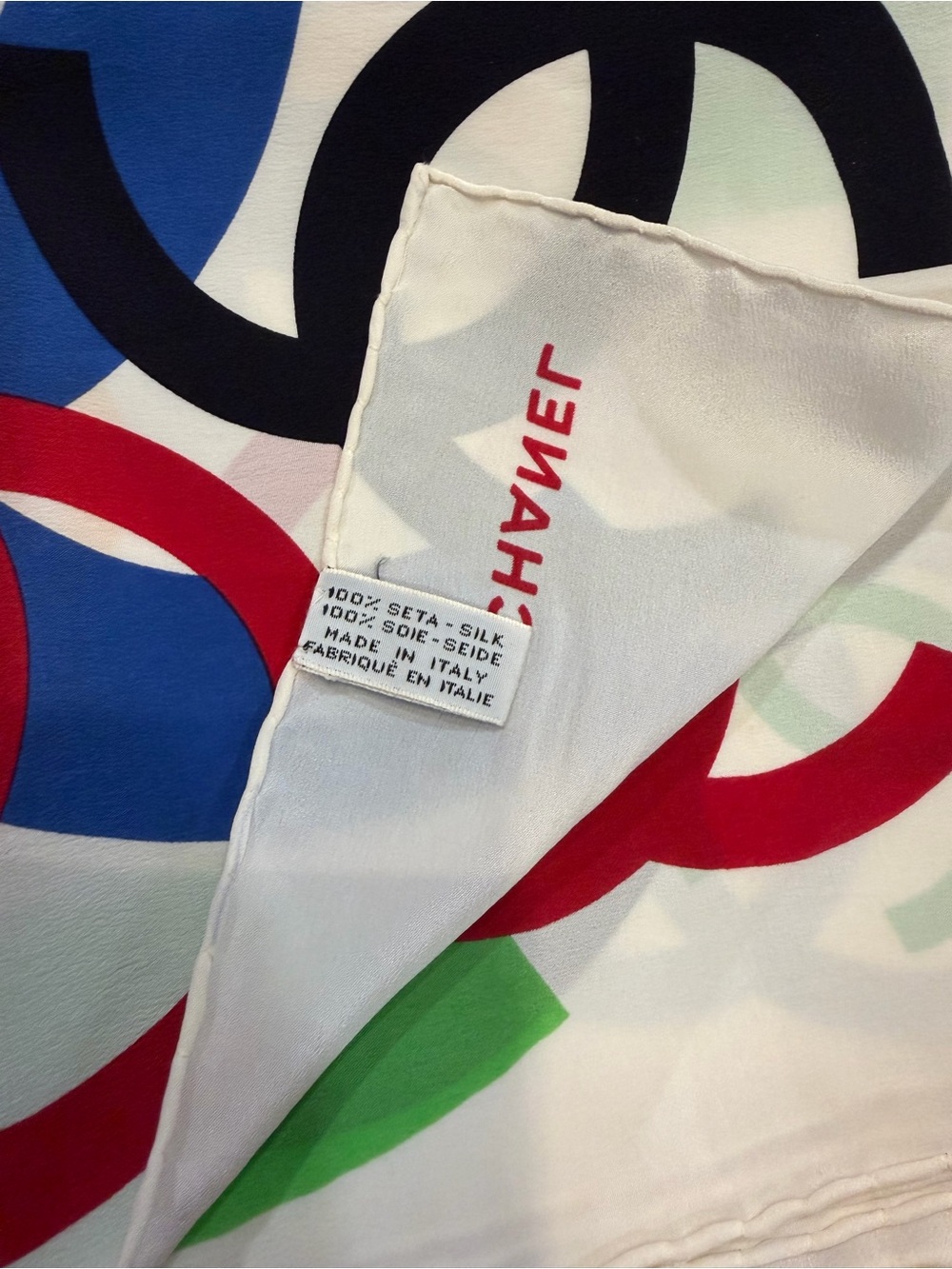 CHANEL Multicolor CC Logo Silk Scarf - White, Red, Blue, Yellow, Green, Black - Picture 6 of 8